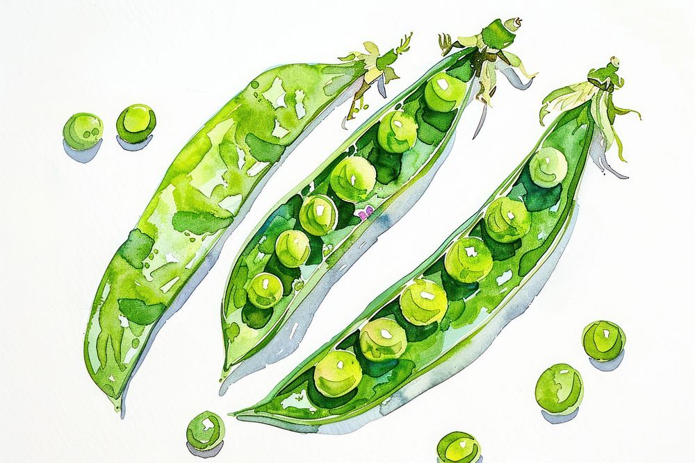 Ink painting Fresh Green Peas pea vegetable plant.