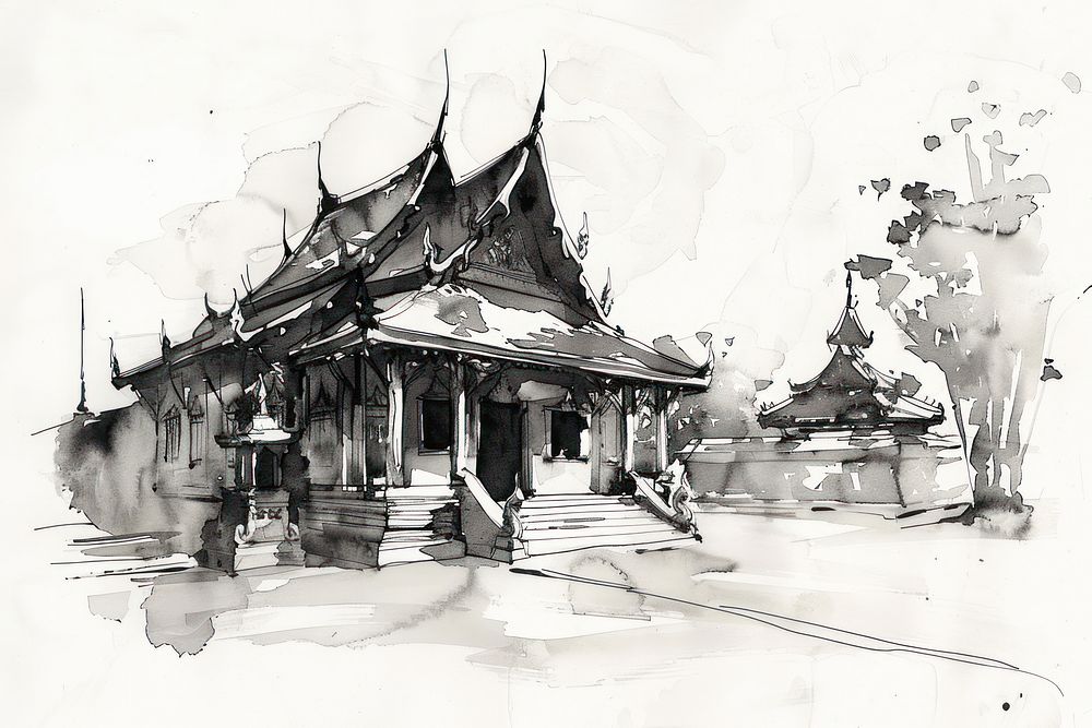 Monochromatic thailand painting illustrated drawing.