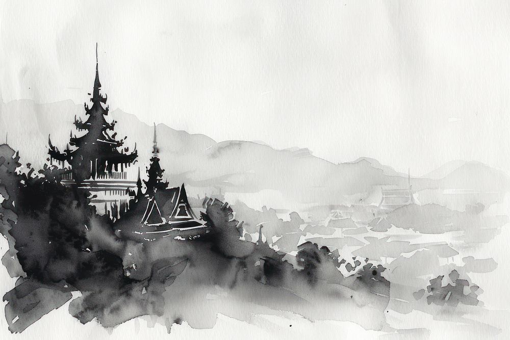 Monochromatic thailand illustrated outdoors drawing.