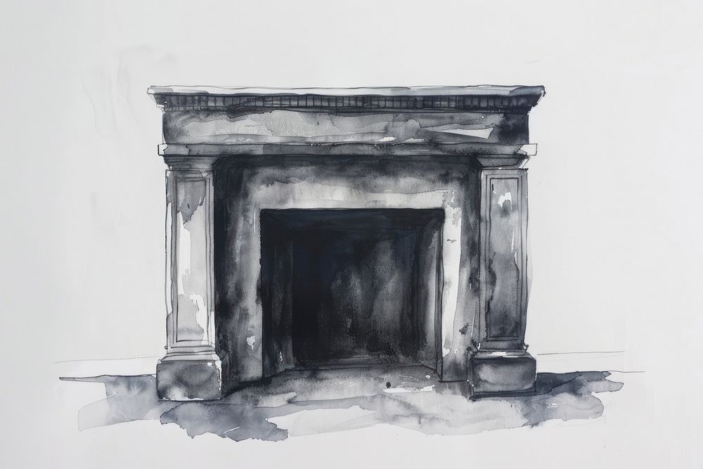 Monochromatic fireplace drawing hearth sketch.