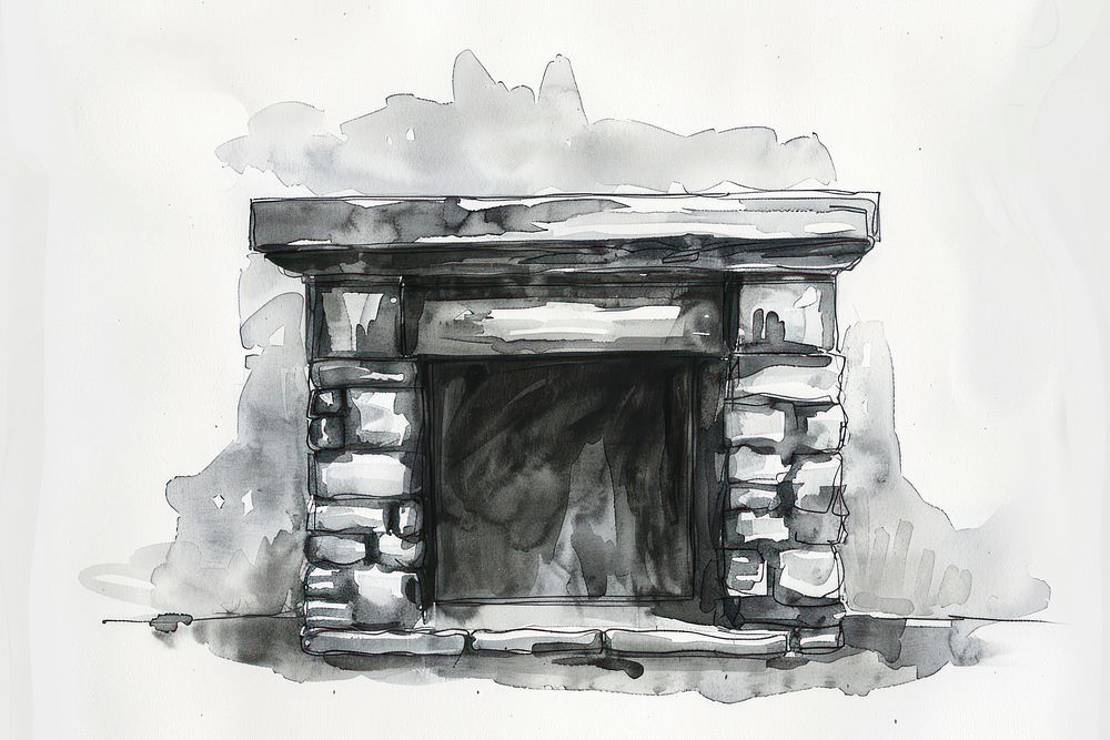 Monochromatic fireplace drawing hearth sketch.