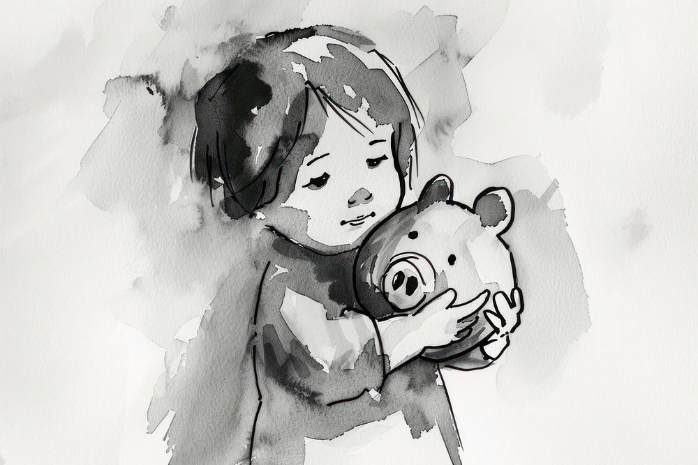 Monochromatic kid holding piggy bank drawing sketch representation.