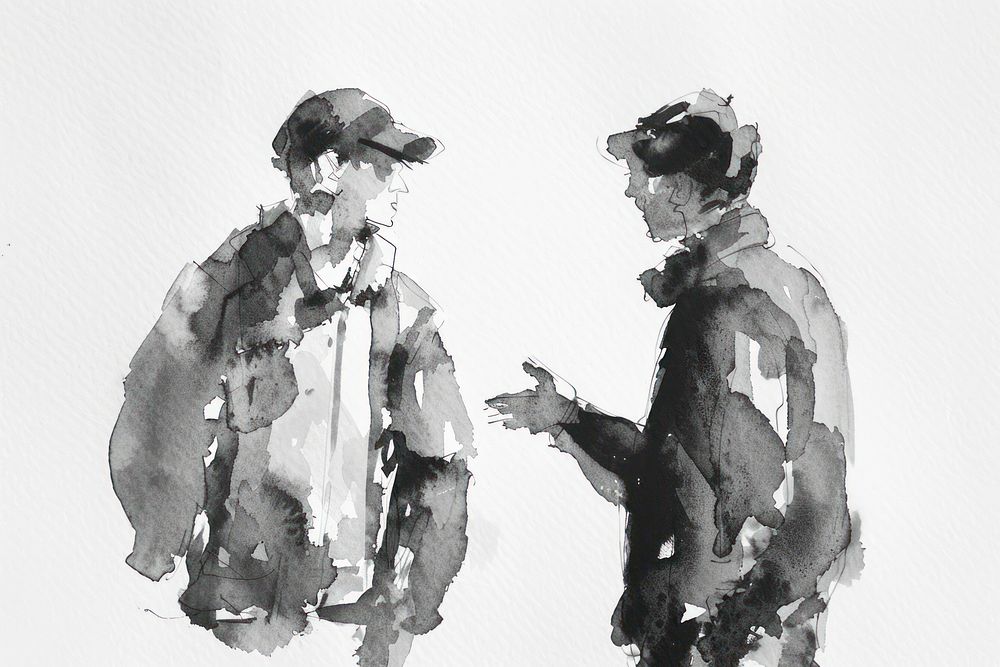 Monochromatic man duscussing with friend painting drawing sketch.