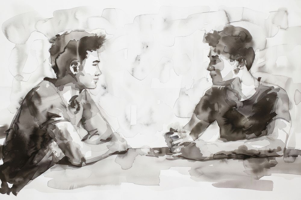 Monochromatic man duscussing with friend painting drawing sketch.