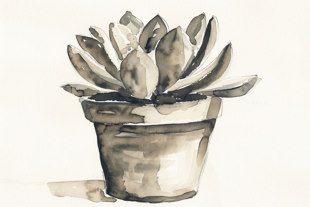 Monochromatic succulent pot illustrated drawing sketch.