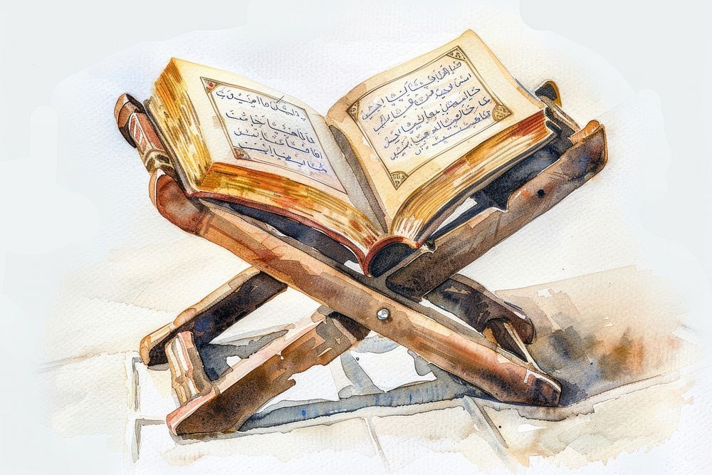 Ink painting Open Quran books on the stand in the mosque paper publication furniture.