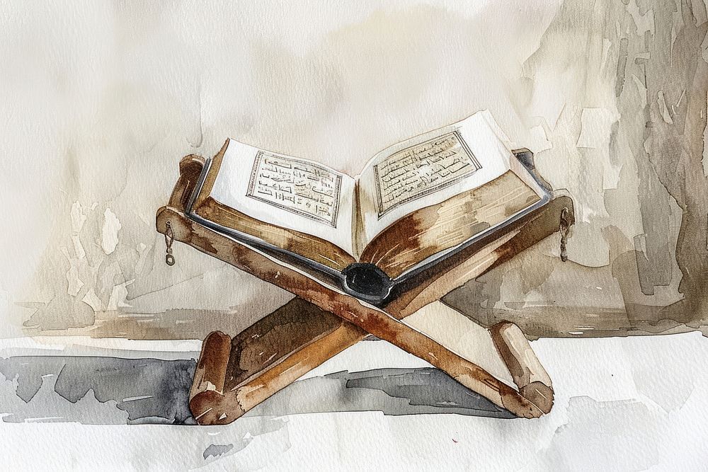 Ink painting Open Quran books on the stand in the mosque publication furniture paper.