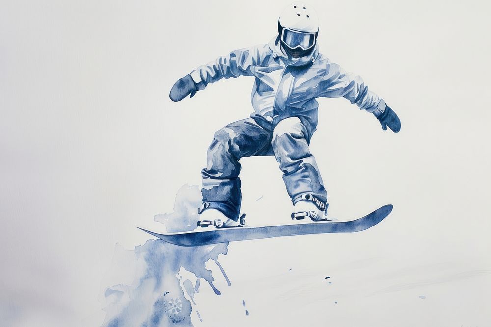Ink painting Snowboarder jumping through air snow snowboarding adventure.