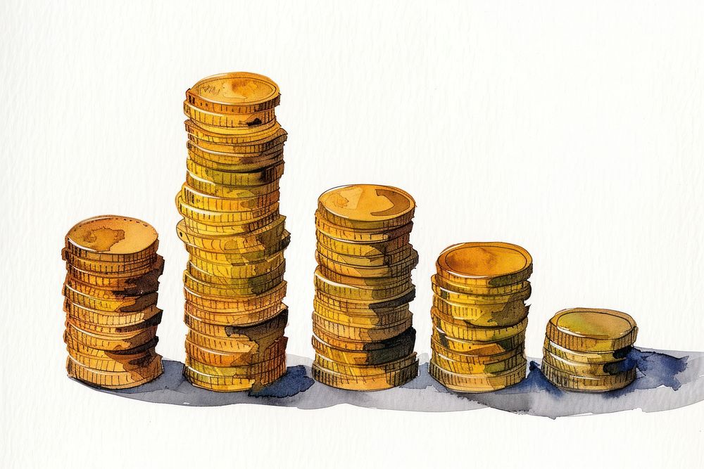 Ink painting rising Golden coin stacks money gold achievement.