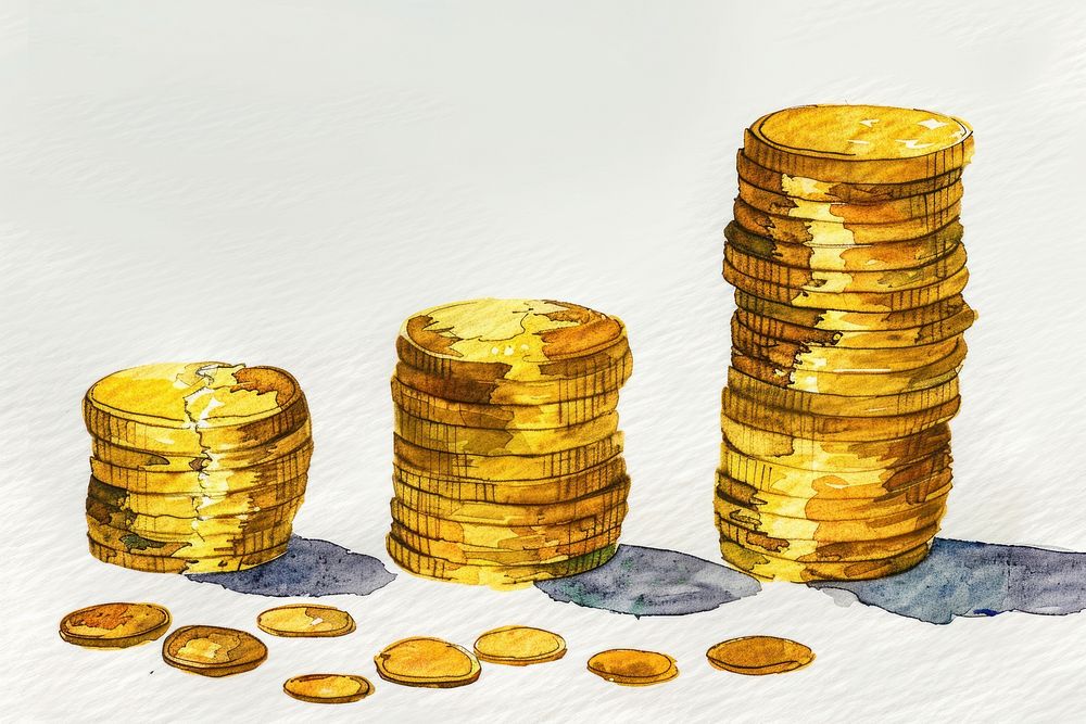 Ink painting rising Golden coin stacks gold money investment.