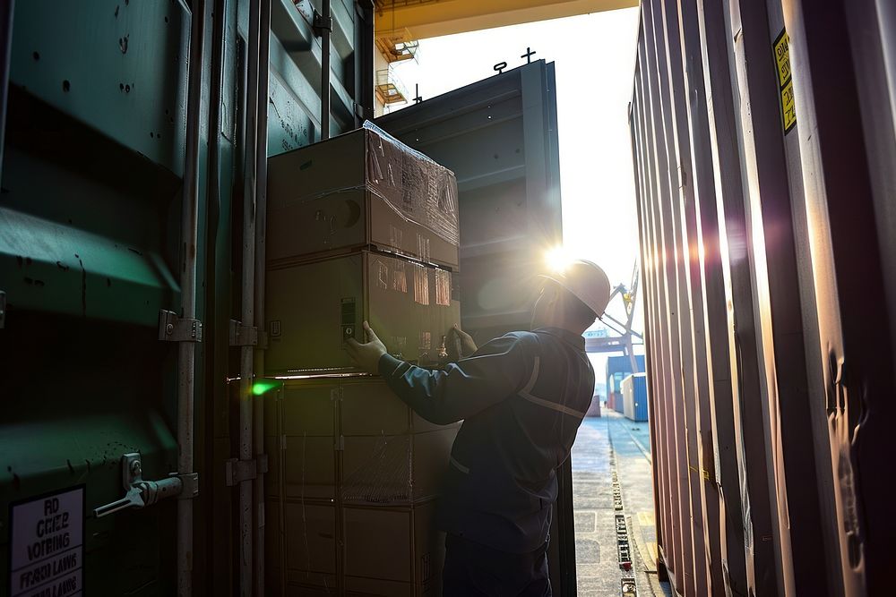 Logistic staffs opening Containers box door checking products from Cargo freight ship container light adult.