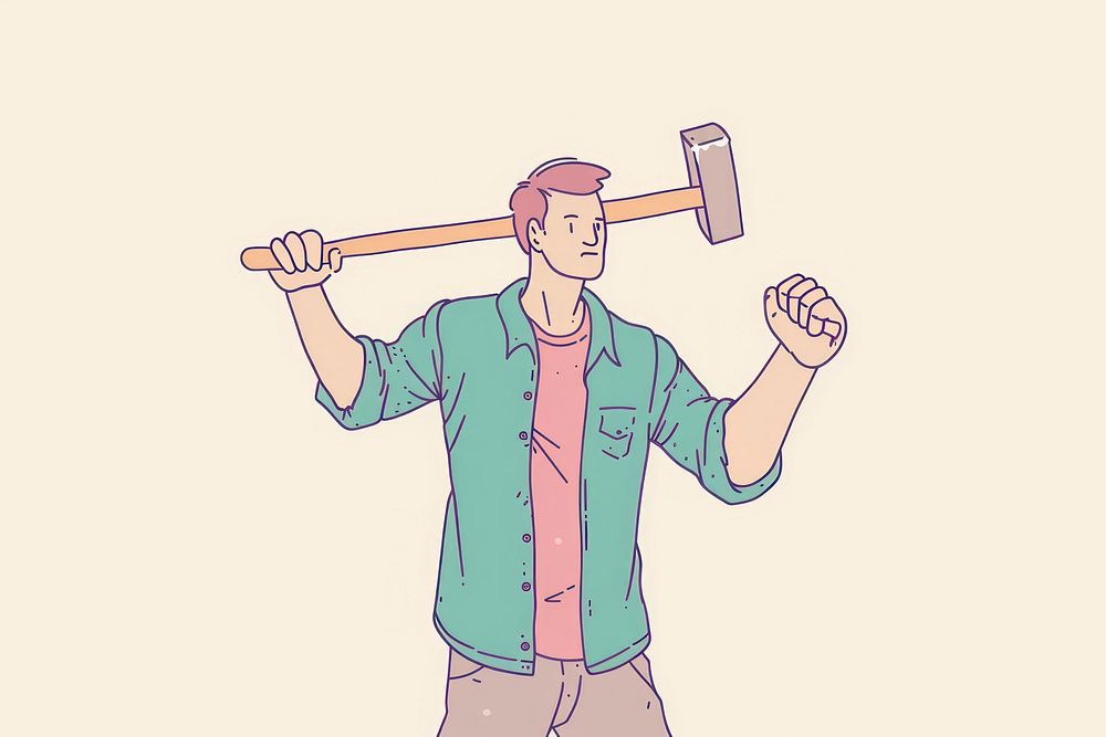 Man holding hammer flat illustration person people device.