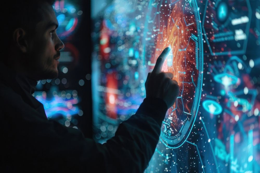 Man pointing on the futuristic digital screen person adult human.