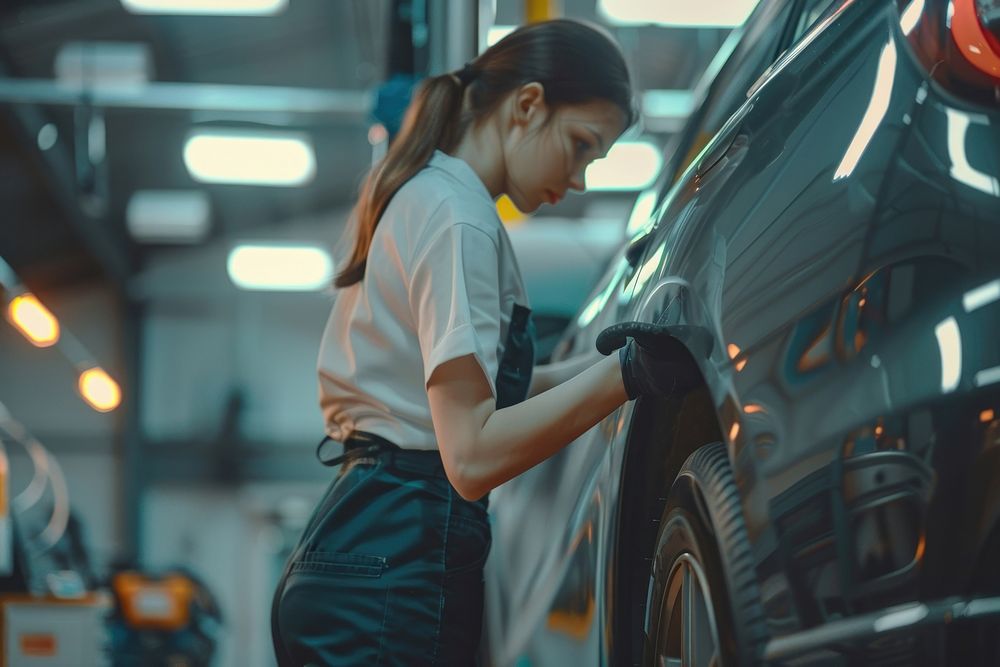 Maintenance female checking automobile transportation manufacturing.