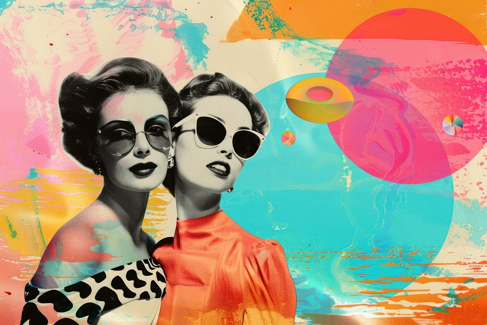 Retro collage of couple woman accessories photography sunglasses.