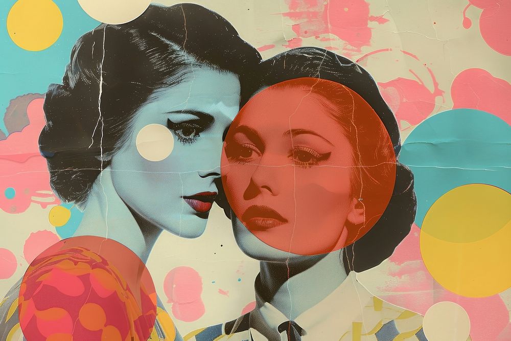 Retro collage of couple woman painting graphics female.