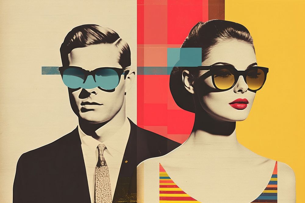 Retro collage of couple woman accessories photography sunglasses.