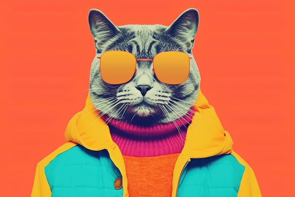 Retro collage of cat photography clothing portrait.
