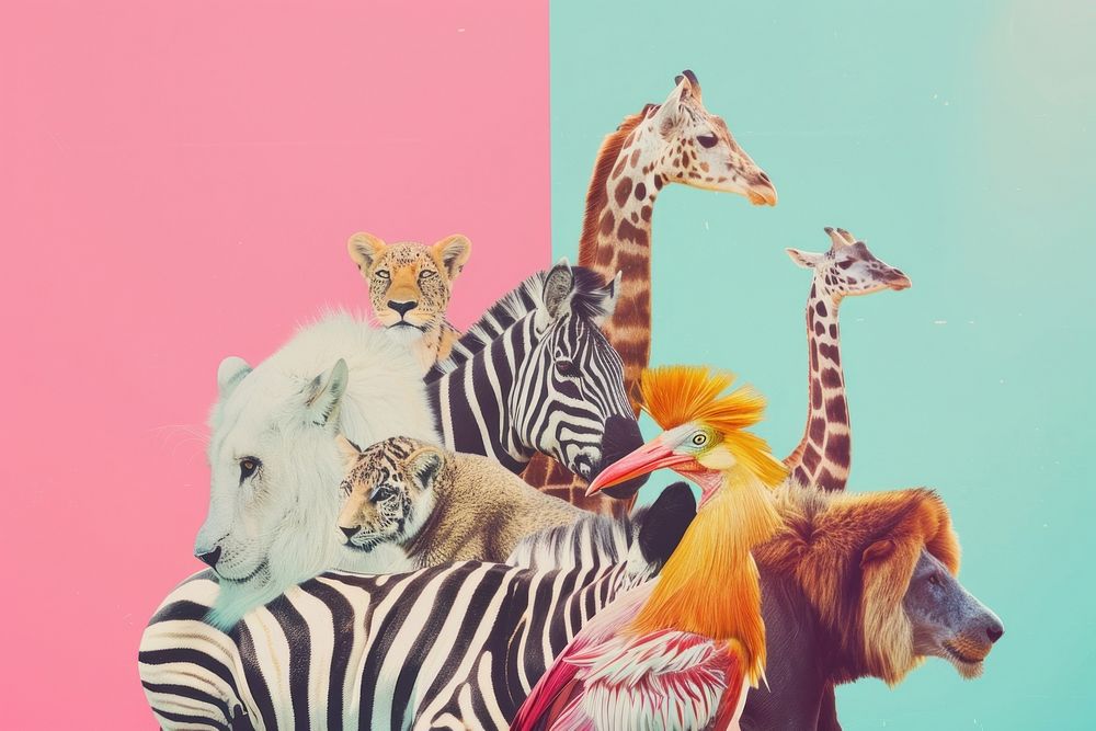 Retro collage of animals wildlife giraffe mammal.
