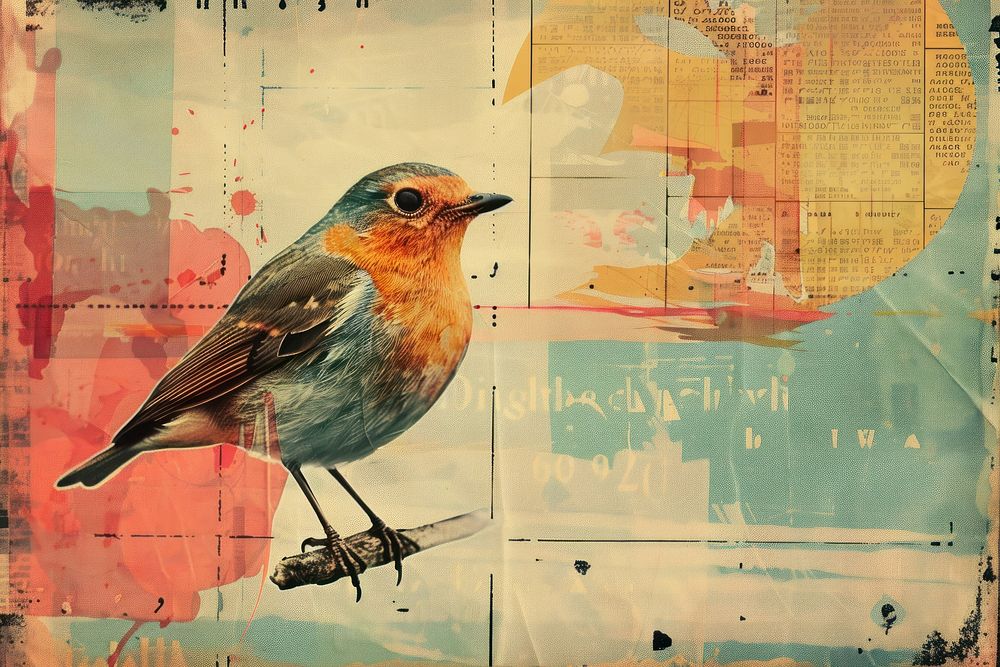 Retro collage of bird painting animal robin.