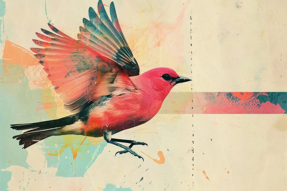 Retro collage of bird painting cardinal animal.