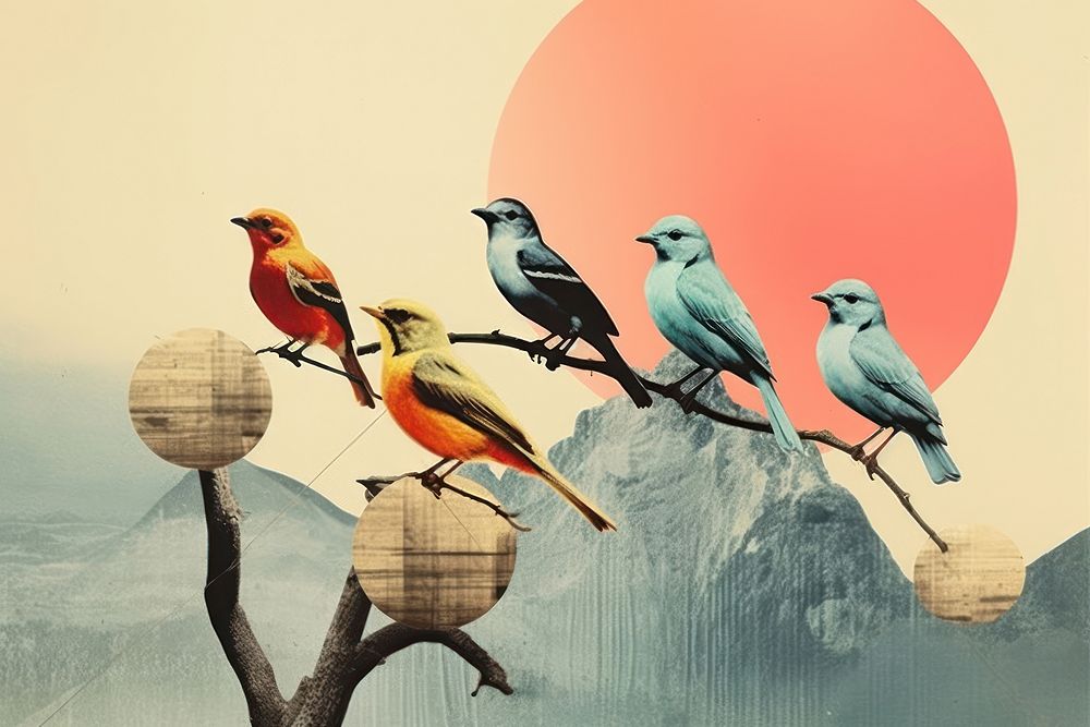 Retro collage of birds outdoors animal finch.