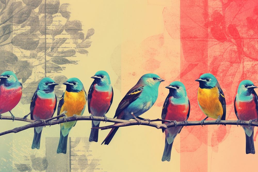 Retro collage of birds painting animal finch.