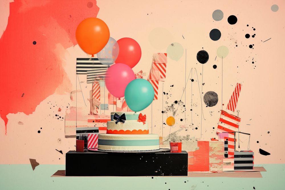 Retro collage of birthday fun balloon dessert.