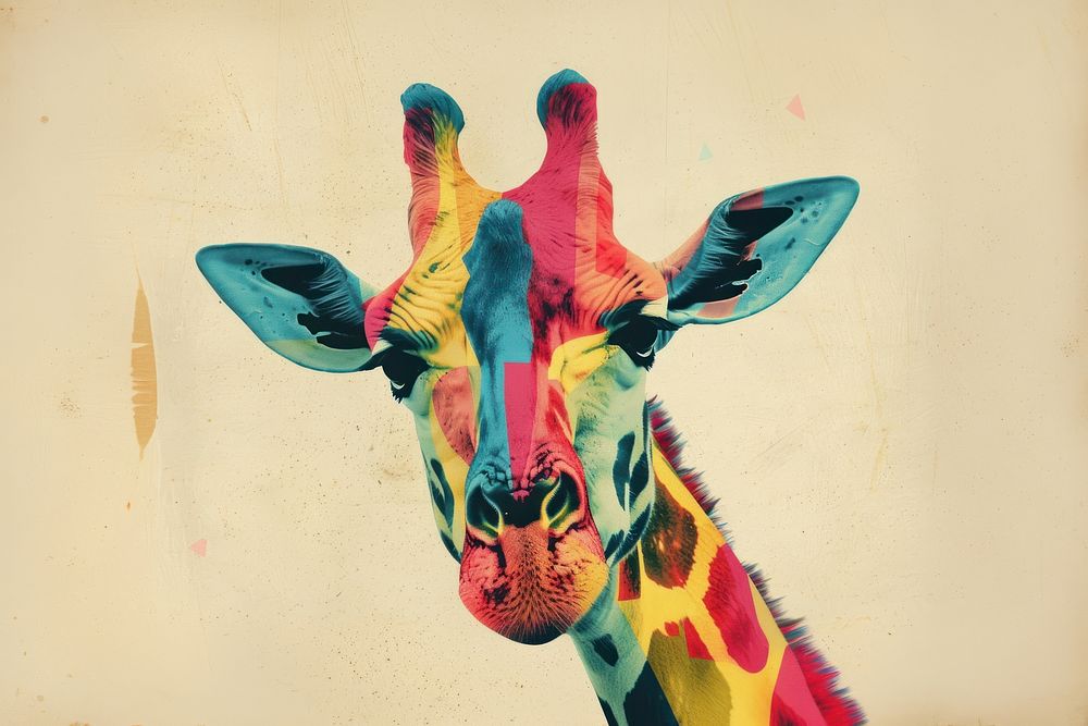 Retro collage of girafe wildlife painting giraffe.