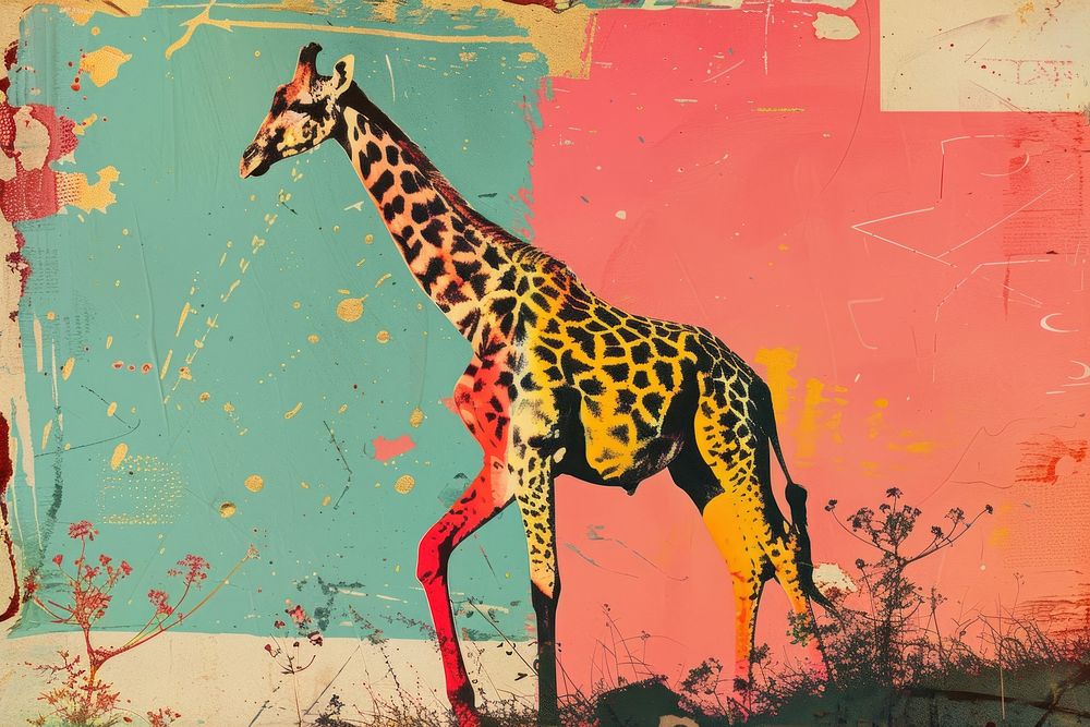 Retro collage of girafe painting wildlife giraffe.