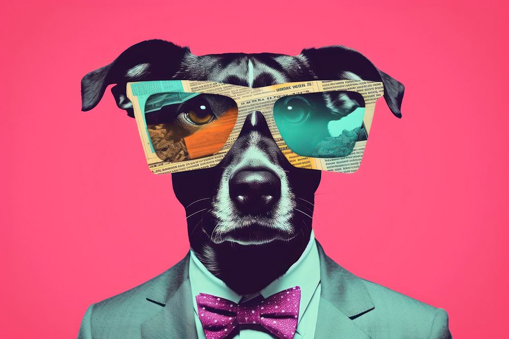 Retro collage of dog accessories photography sunglasses.
