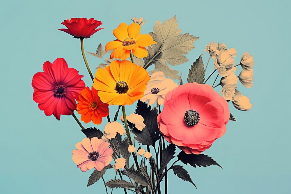 Retro collage of flowers asteraceae graphics anemone.