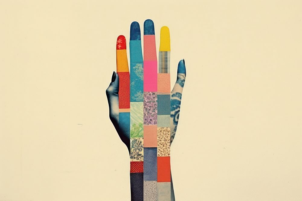 Retro collage of hand with hope patchwork clothing apparel.