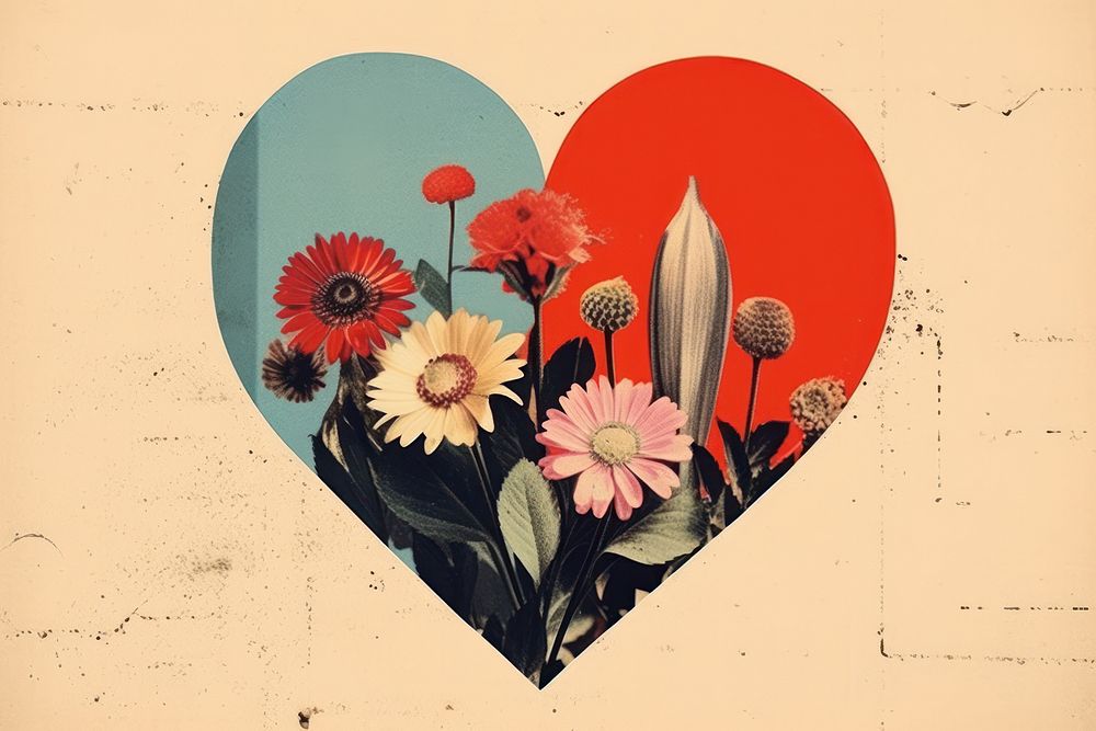 Retro collage of heart with flower asteraceae painting blossom.