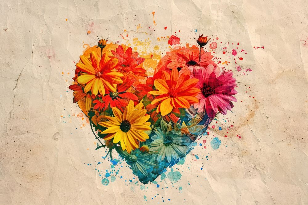 Retro collage of heart with flowers asteraceae graphics blossom.