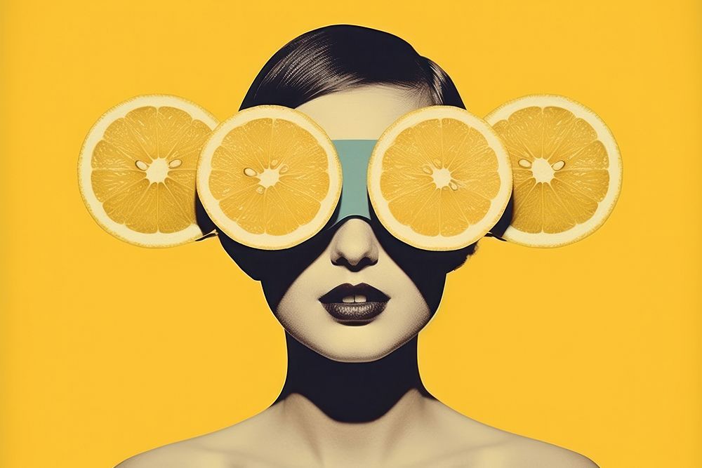 Retro collage of lemon photography grapefruit portrait.