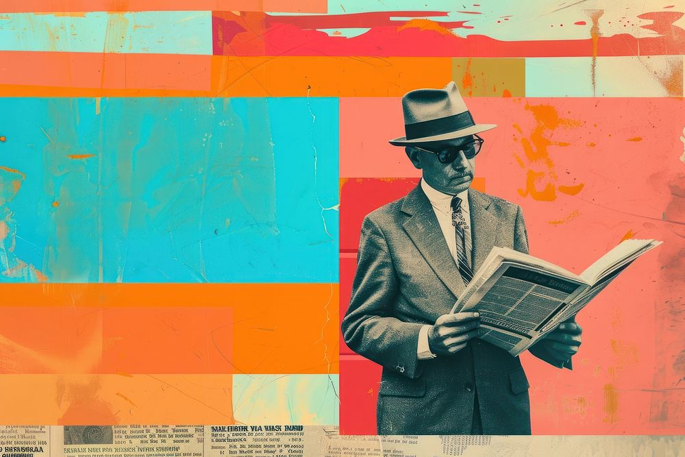 Retro collage of man reading newspaper publication photography accessories.