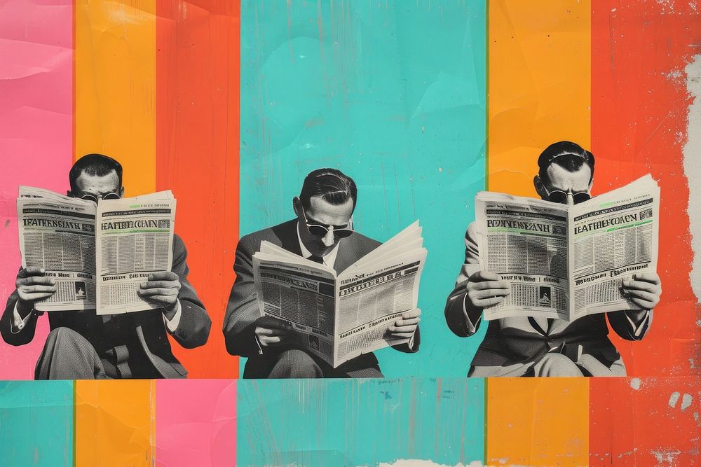 Retro collage of men reading newspaper publication accessories accessory.