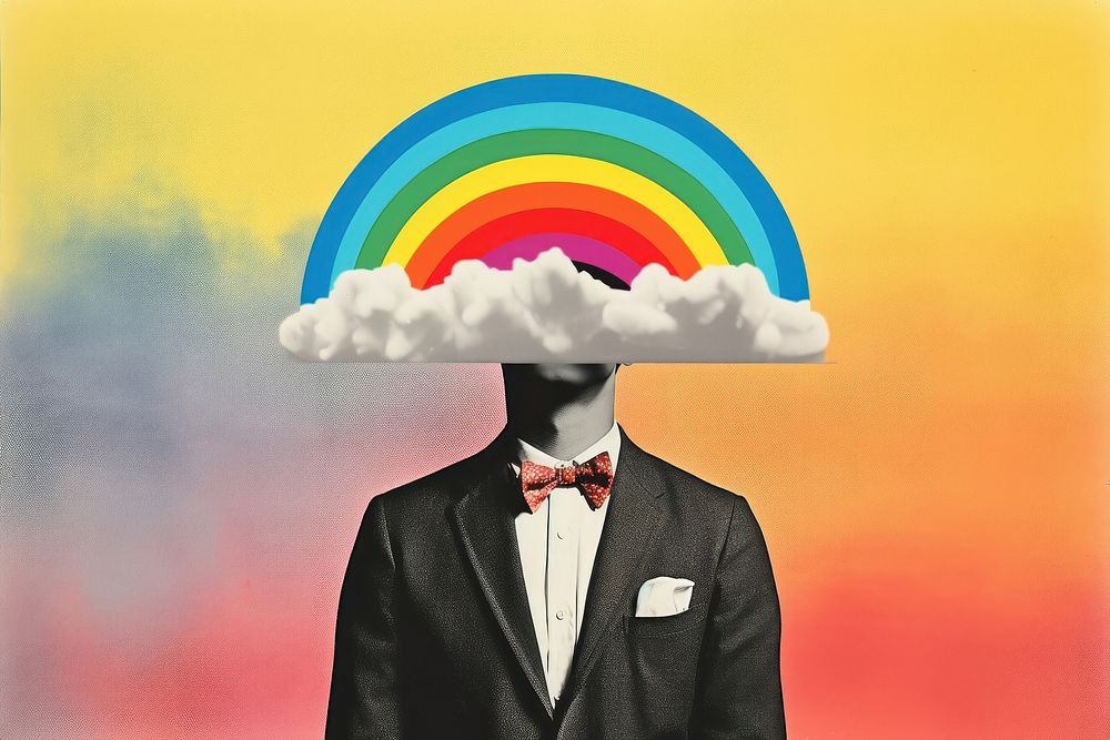 Retro collage of men with rainbow on head accessories accessory performer.