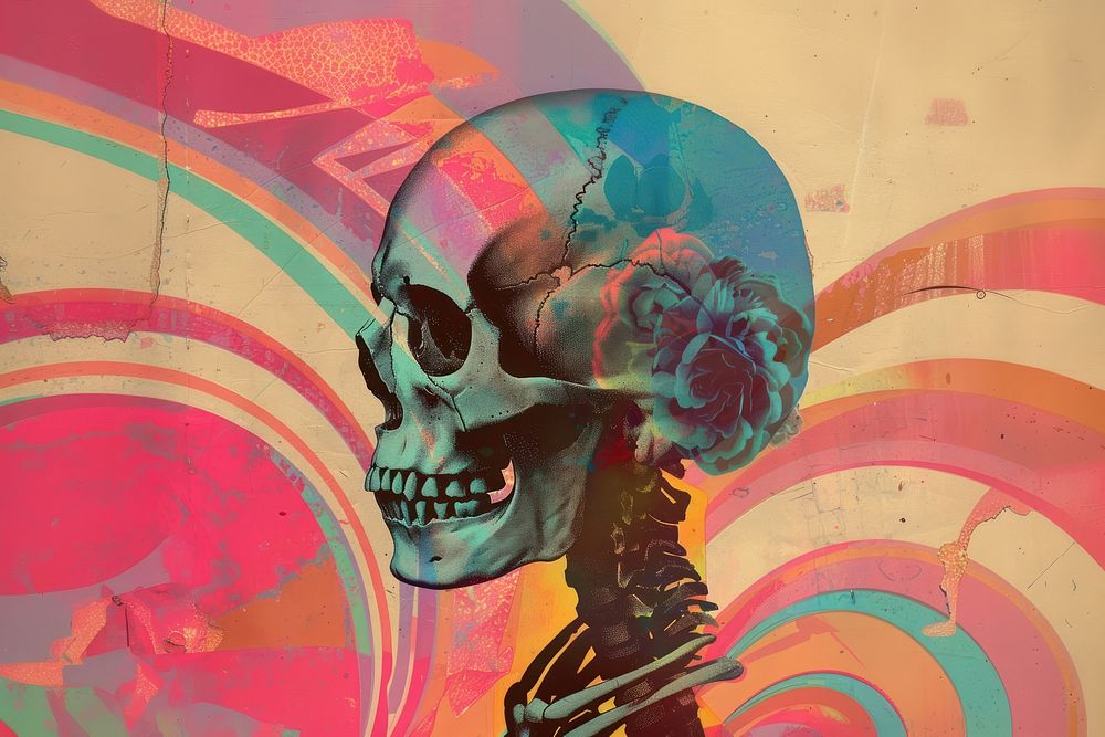 Retro collage of skull painting graffiti person.