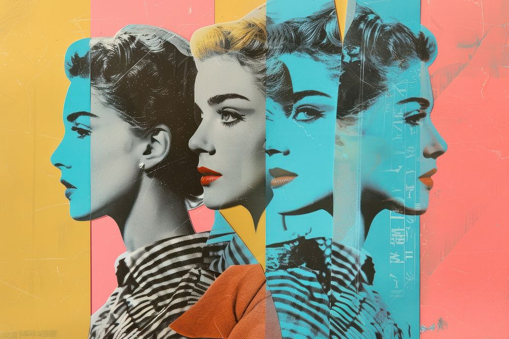 Retro collage of people face advertisement brochure female.