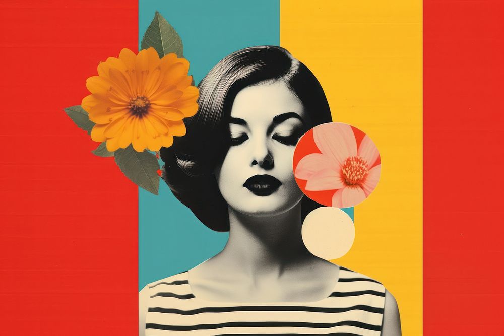 Retro collage of woman photography asteraceae portrait.