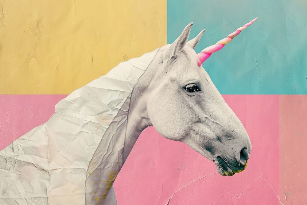 Retro collage of unicorn animal mammal horse.