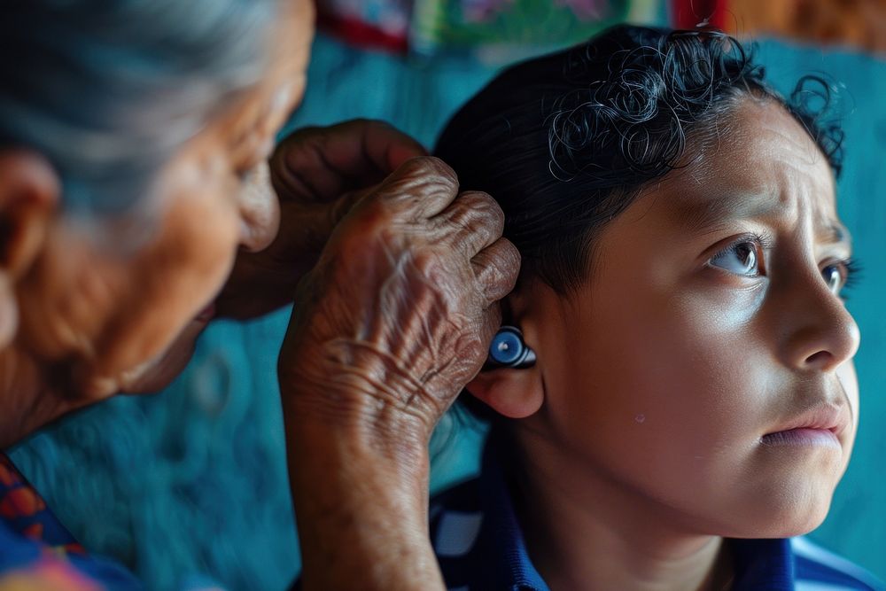Mother helping her install Hearing Aid on his ear worried adult togetherness.