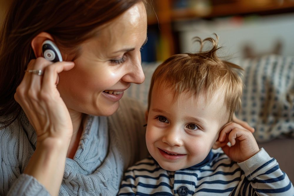Mother helping her son with his Hearing Aid on his ear portrait adult baby.