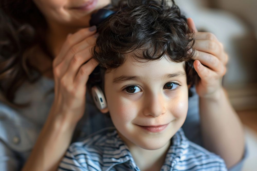 Mother helping her son with his Hearing Aid portrait togetherness photography.