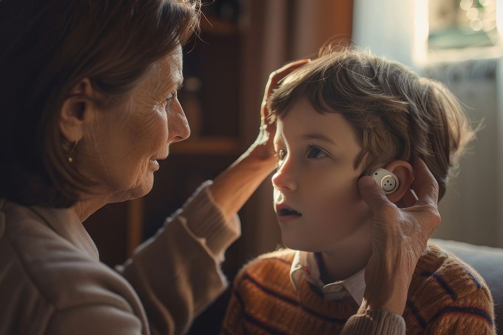 Mother helping her put Hearing Aid on his ear adult contemplation togetherness.