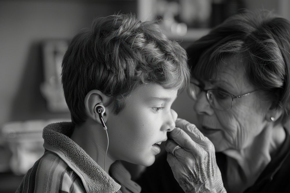 Mother helping her put Hearing Aid on his ear portrait adult togetherness.