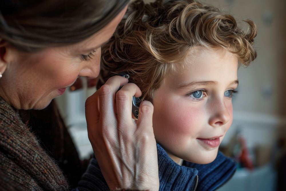 Mother helping son install Hearing Aid on his ear photography adult togetherness.