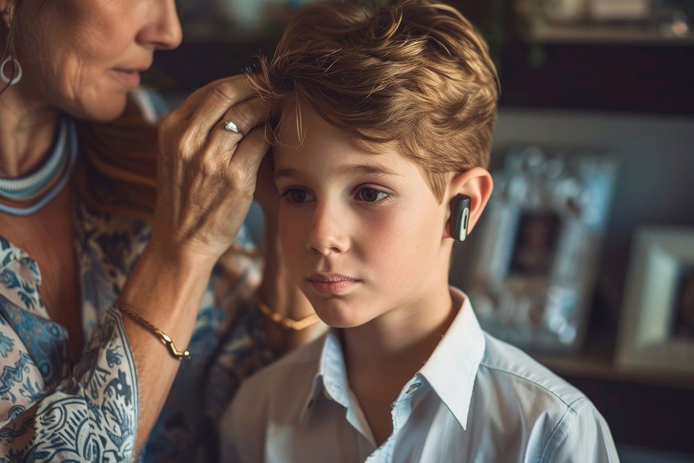 Mother helping son install Hearing Aid on his ear disappointment contemplation togetherness.